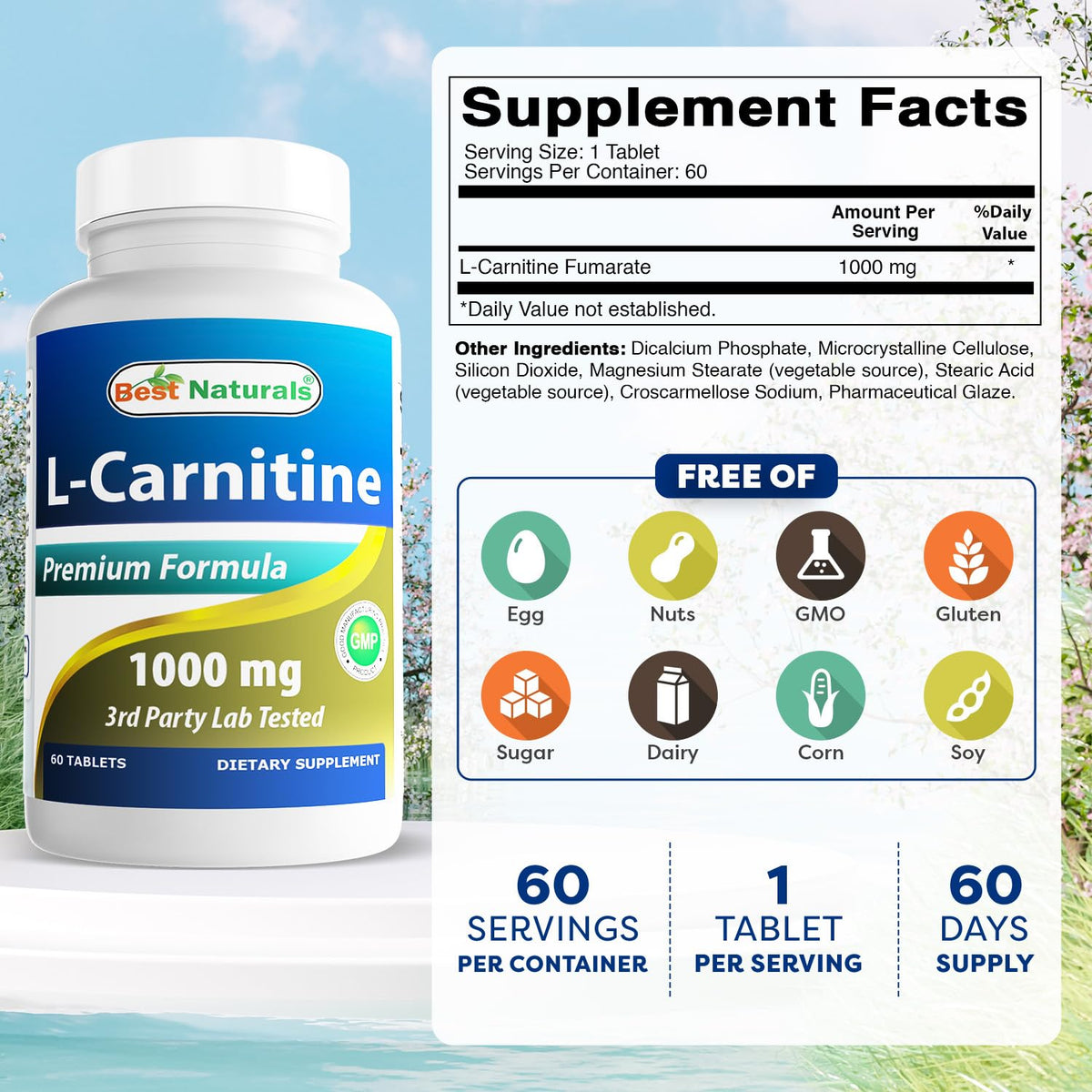 Best Naturals L-Carnitine 1000mg 60 Tablets (60 Count (Pack of 1)) - FENGGESTORE20