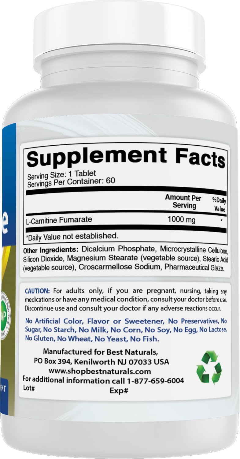 Best Naturals L-Carnitine 1000mg 60 Tablets (60 Count (Pack of 1)) - FENGGESTORE20