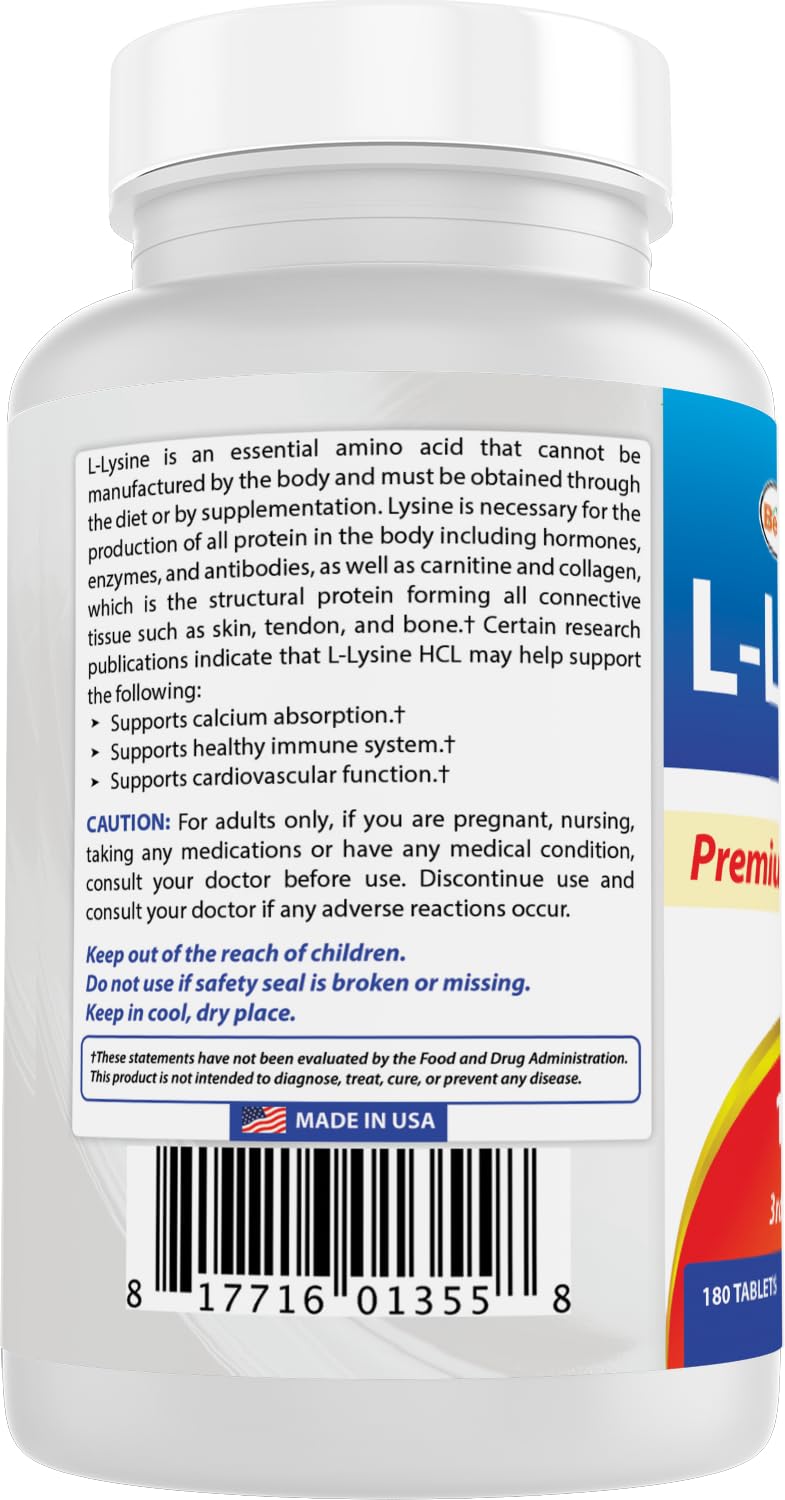Best Naturals L-Lysine 1000mg 180 Tablets - Double Strength Lysine for stronger immune health & cold sores - FENGGESTORE20