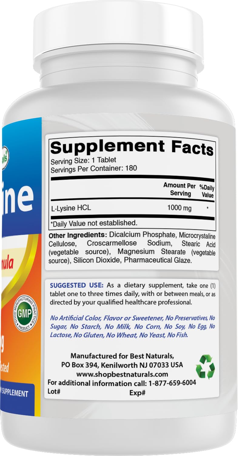 Best Naturals L-Lysine 1000mg 180 Tablets - Double Strength Lysine for stronger immune health & cold sores - FENGGESTORE20