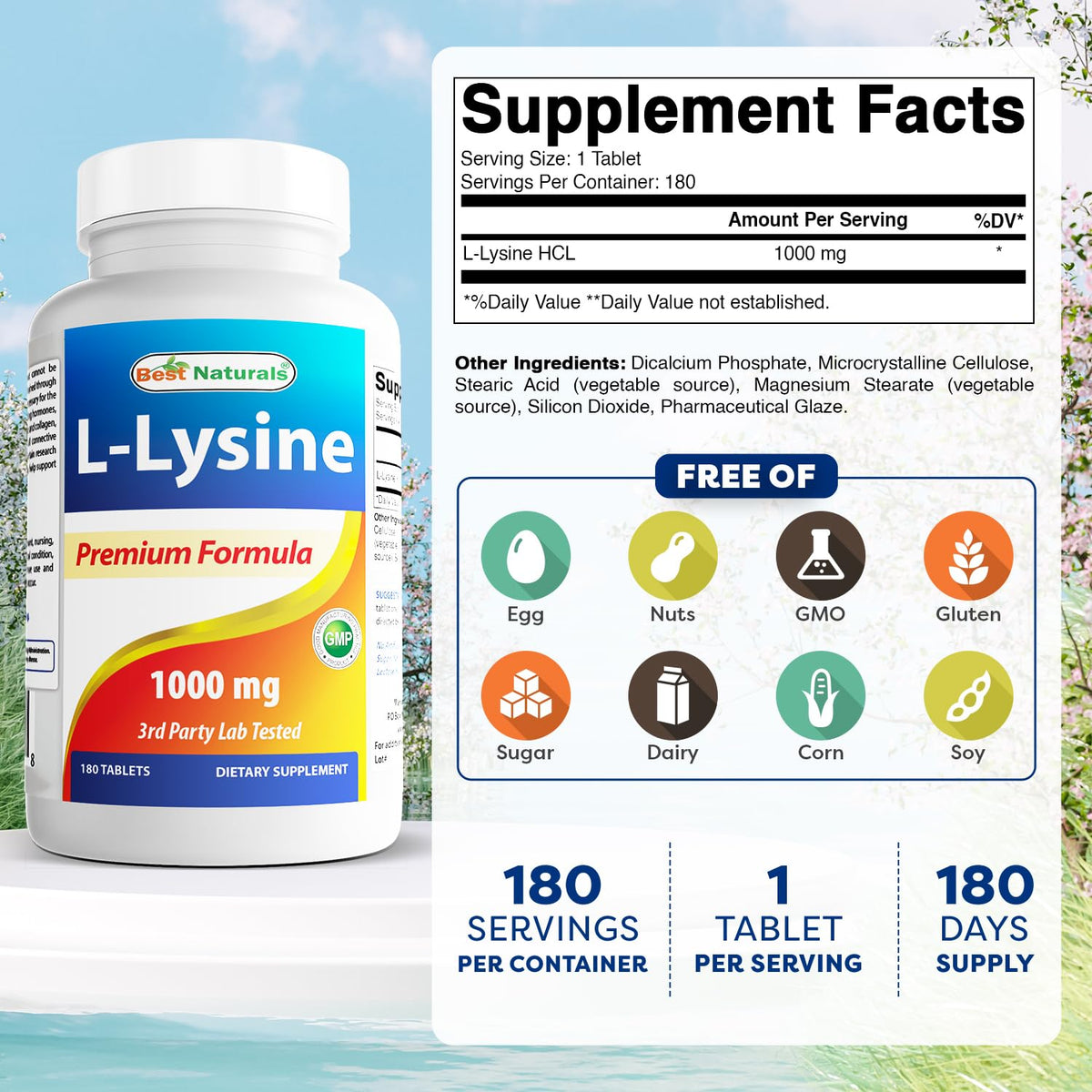 Best Naturals L-Lysine 1000mg 180 Tablets - Double Strength Lysine for stronger immune health & cold sores - FENGGESTORE20