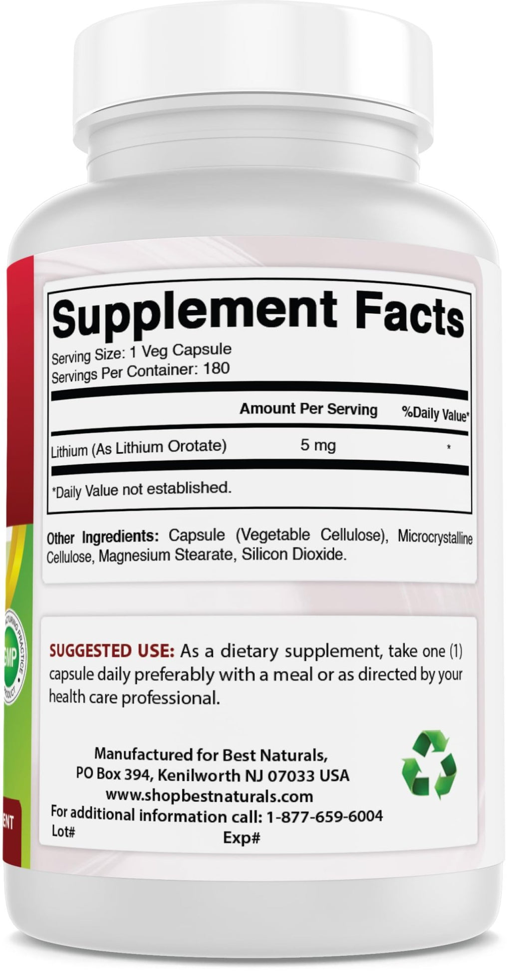 Best Naturals Lithium Orotate 5 mg 180 Capsules - Non GMO - Gluten Free - FENGGESTORE20