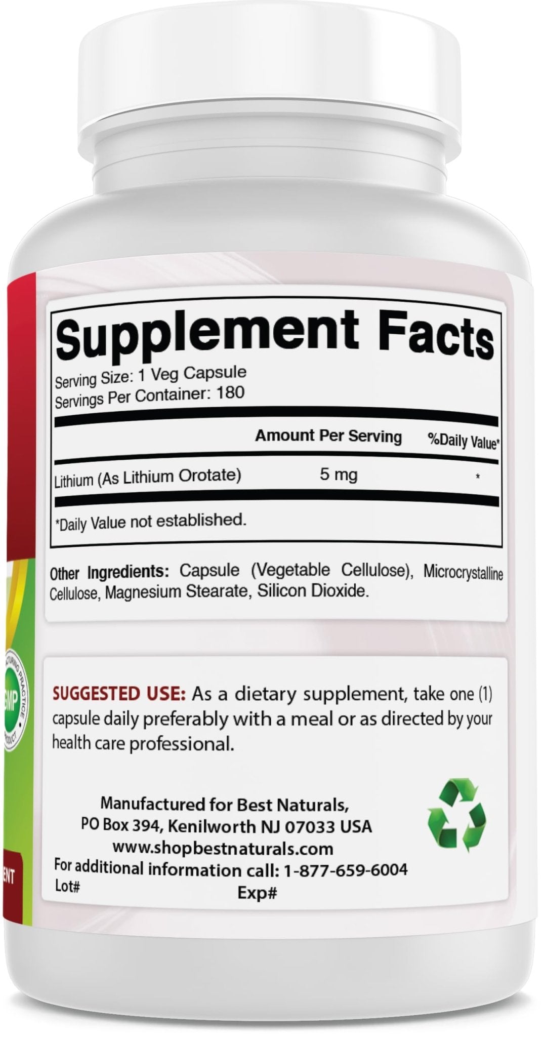 Best Naturals Lithium Orotate 5 mg 180 Capsules - Non GMO - Gluten Free - FENGGESTORE20