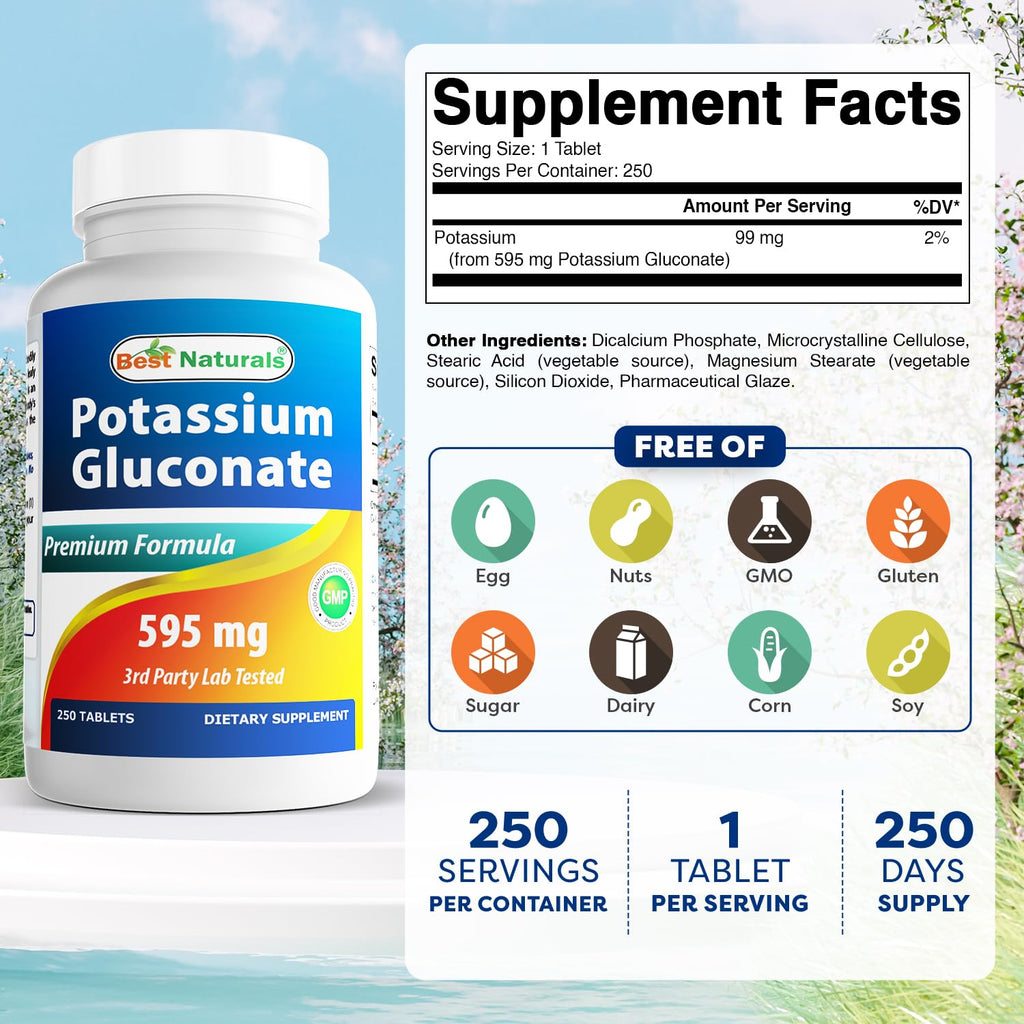 Best Naturals Potassium Gluconate Supplement 595 Mg Tablet, 250Count - FENGGESTORE20