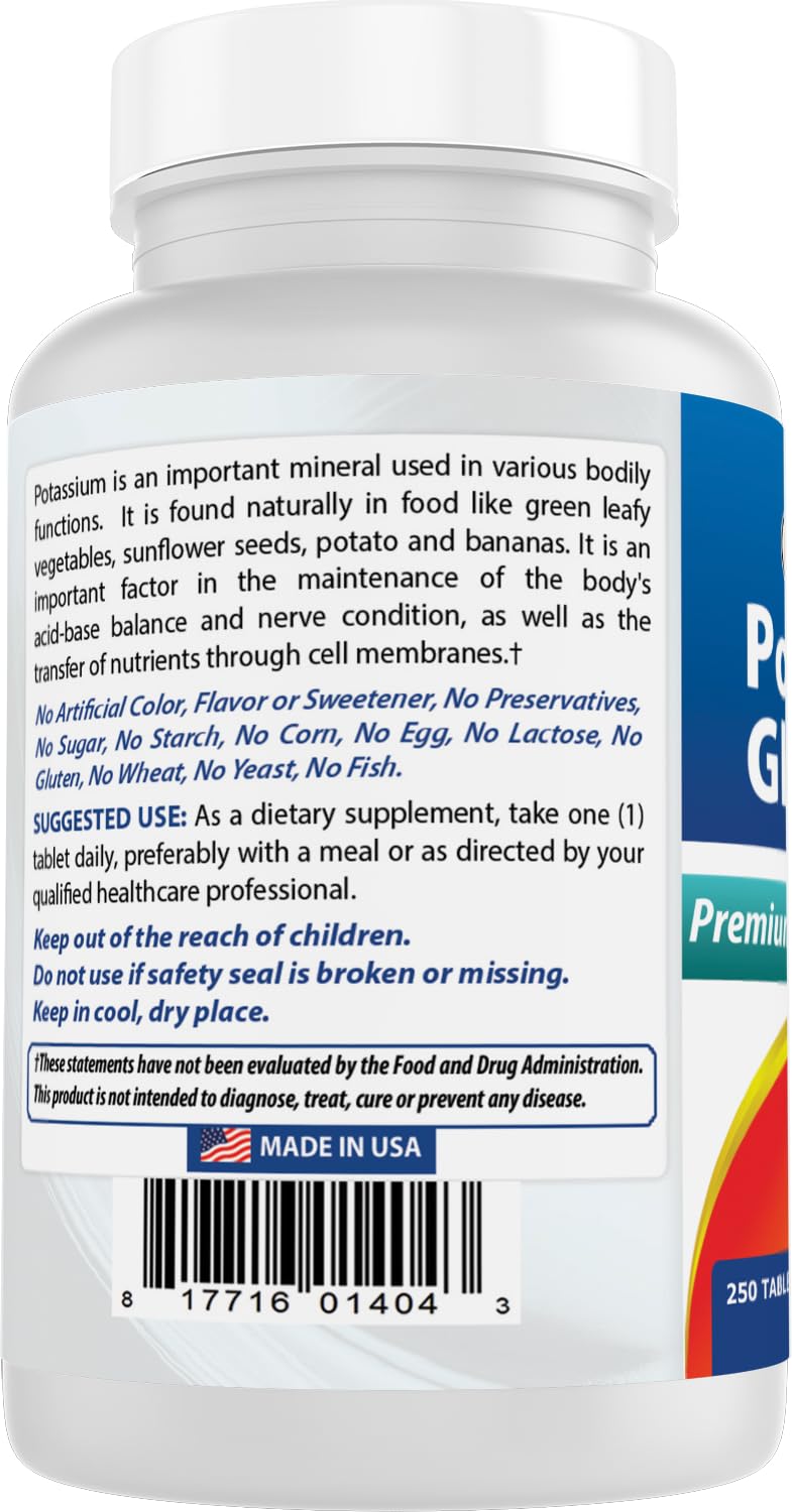 Best Naturals Potassium Gluconate Supplement 595 Mg Tablet, 250Count - FENGGESTORE20