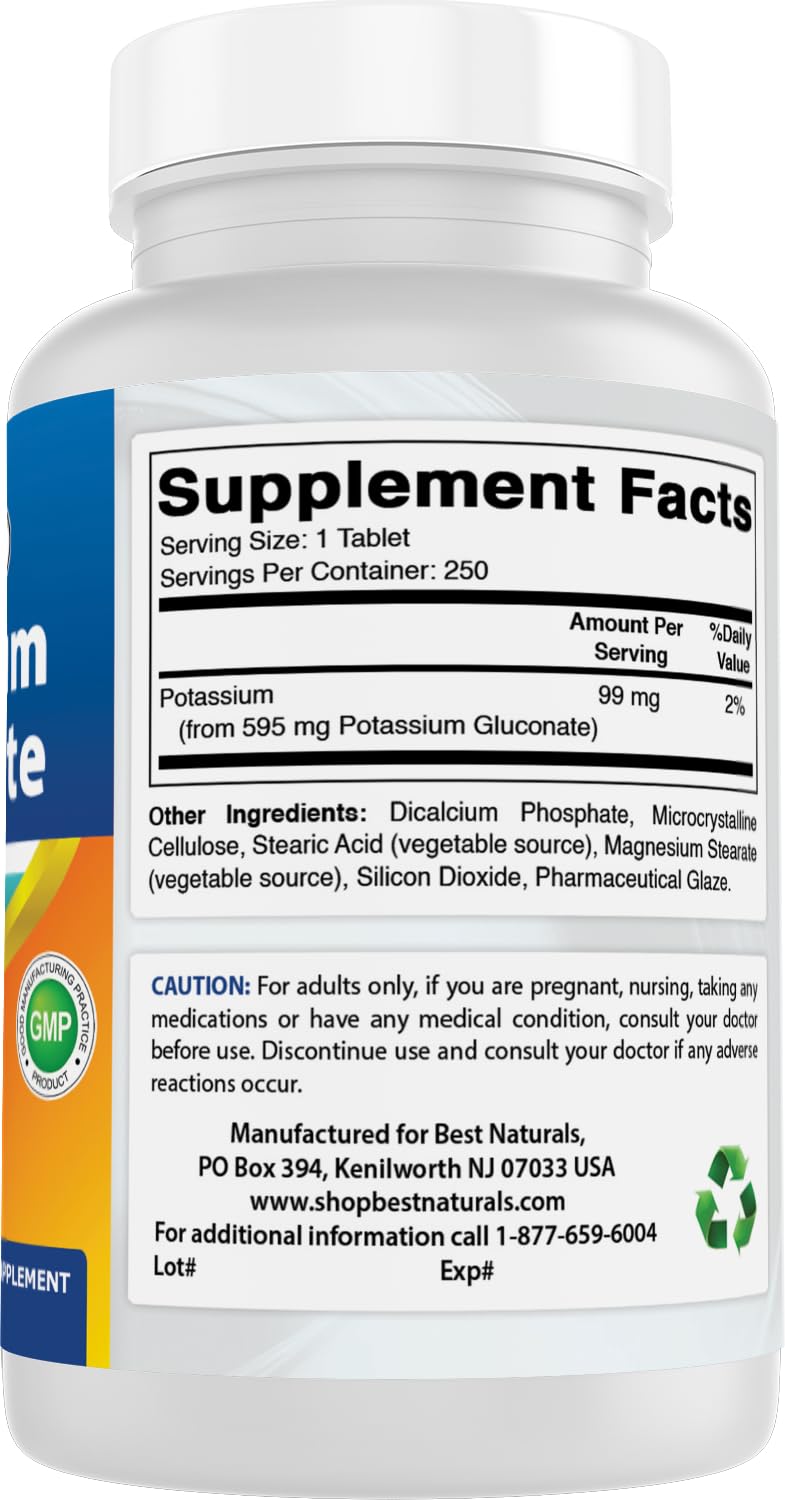 Best Naturals Potassium Gluconate Supplement 595 Mg Tablet, 250Count - FENGGESTORE20