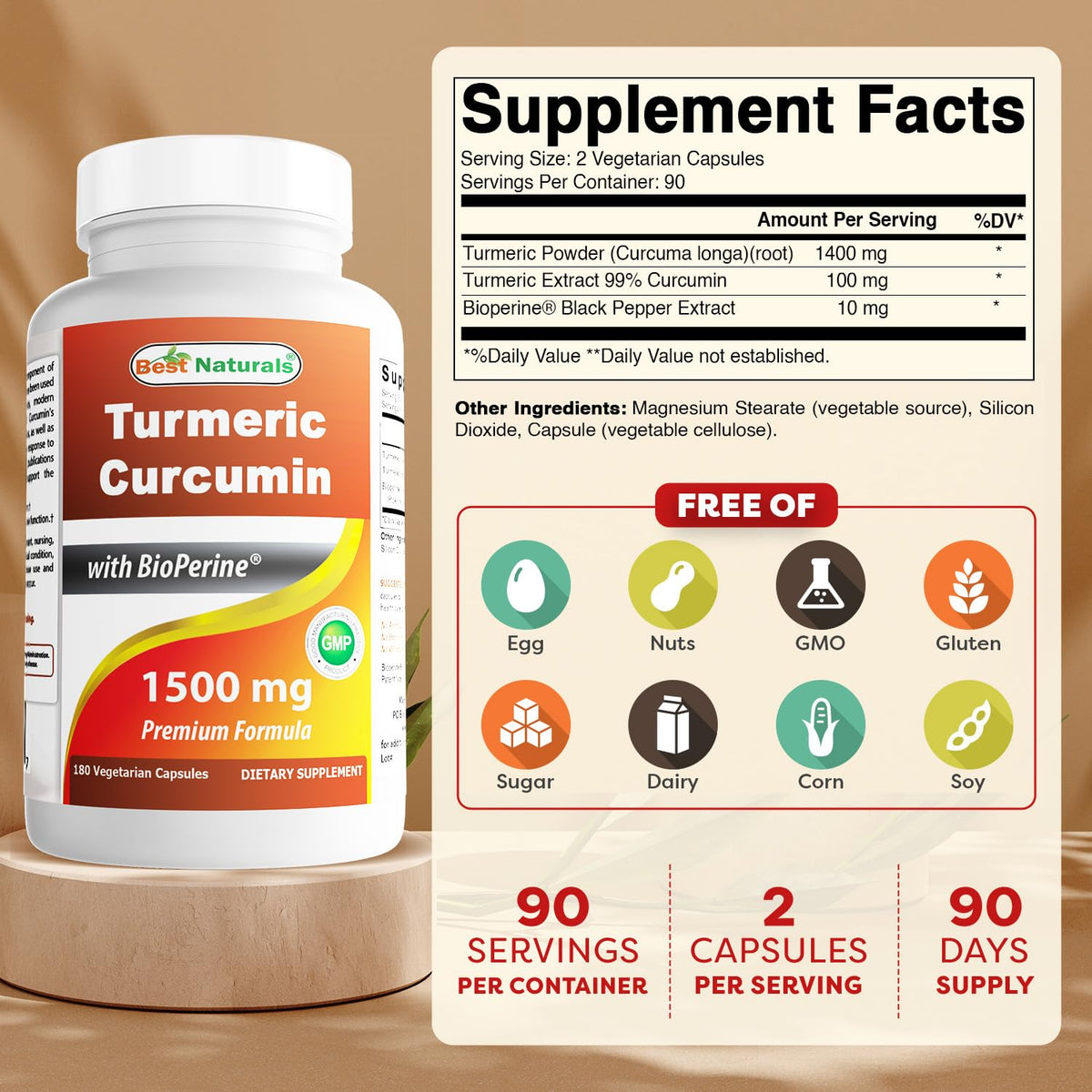 Best Naturals Turmeric Curcumin 1500mg/Serving with Bioperine - 180 Veggie Capsules - FENGGESTORE20