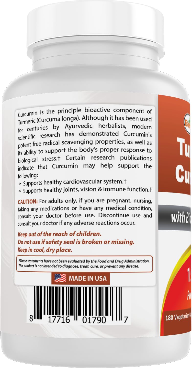 Best Naturals Turmeric Curcumin 1500mg/Serving with Bioperine - 180 Veggie Capsules - FENGGESTORE20