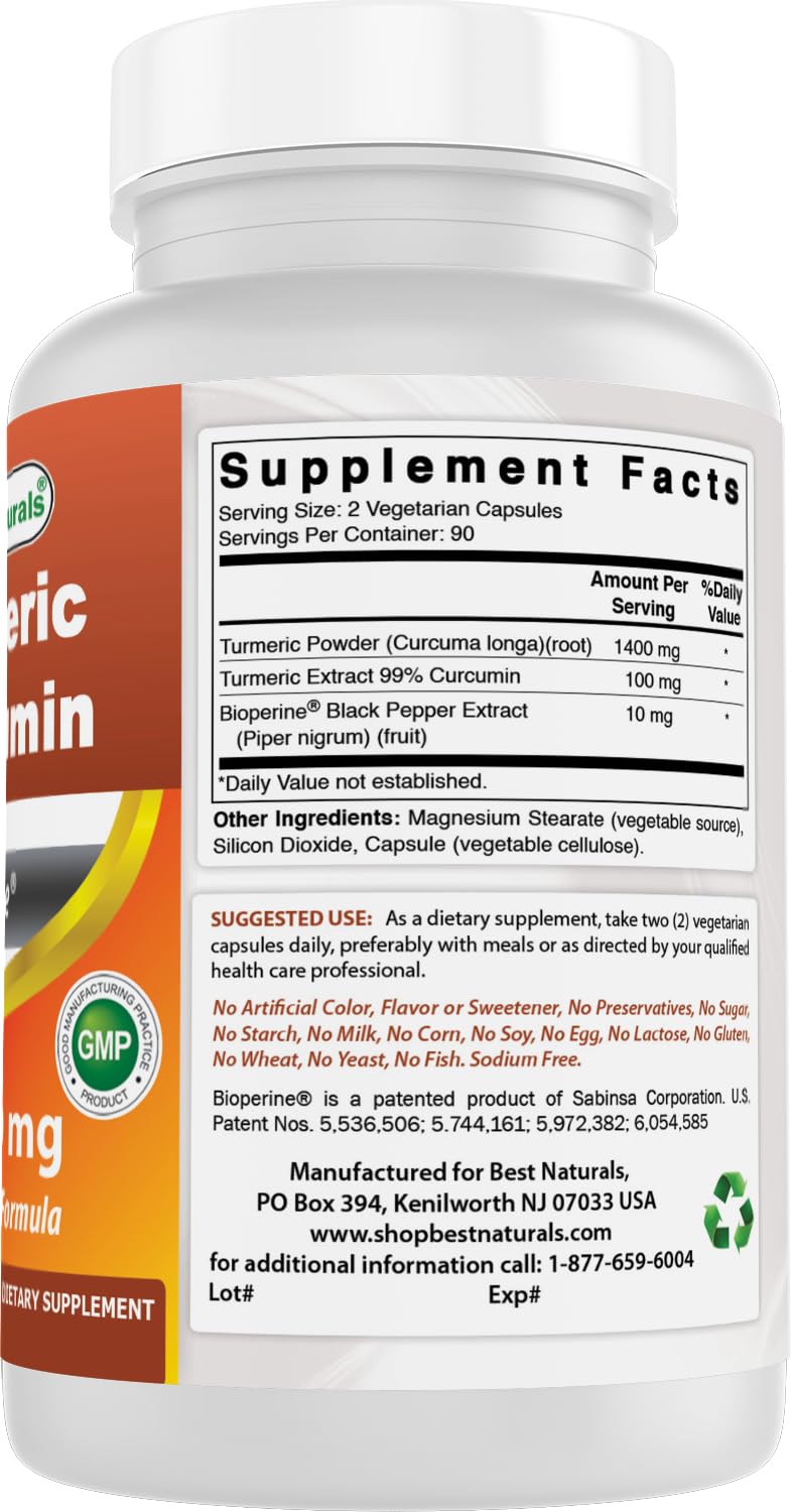 Best Naturals Turmeric Curcumin 1500mg/Serving with Bioperine - 180 Veggie Capsules - FENGGESTORE20