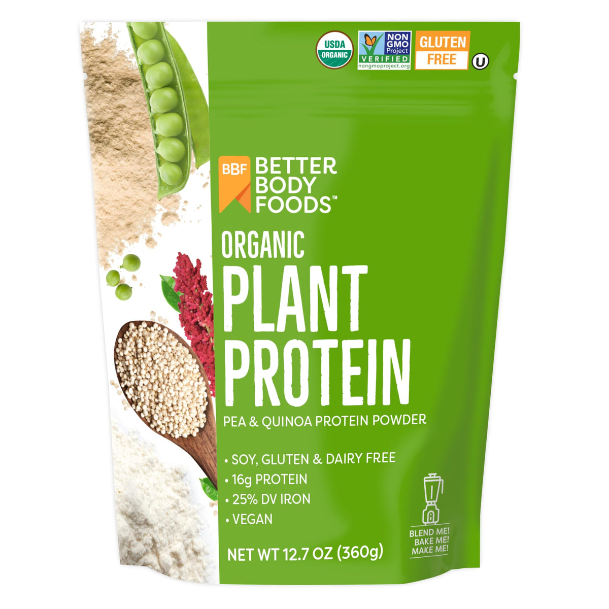 BetterBody Foods Organic Plant Based Protein Powder, 16g of Protein 24% DV, Vegan, Low Net Carbs, Gluten Free, Dairy Free, No Sugar Added, Soy Free, Non-GMO, 12.7 Ounces - FENGGESTORE20