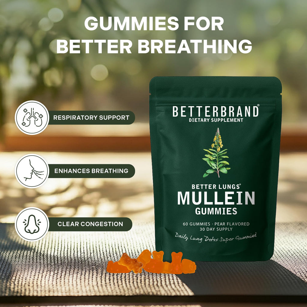Betterbrand Mullein Chewable Gummies for Lung Cleanse and Detox, Respiratory Health Supplement, 1000mg Mullein Extract per Serving, 60 Gummies - FENGGESTORE20