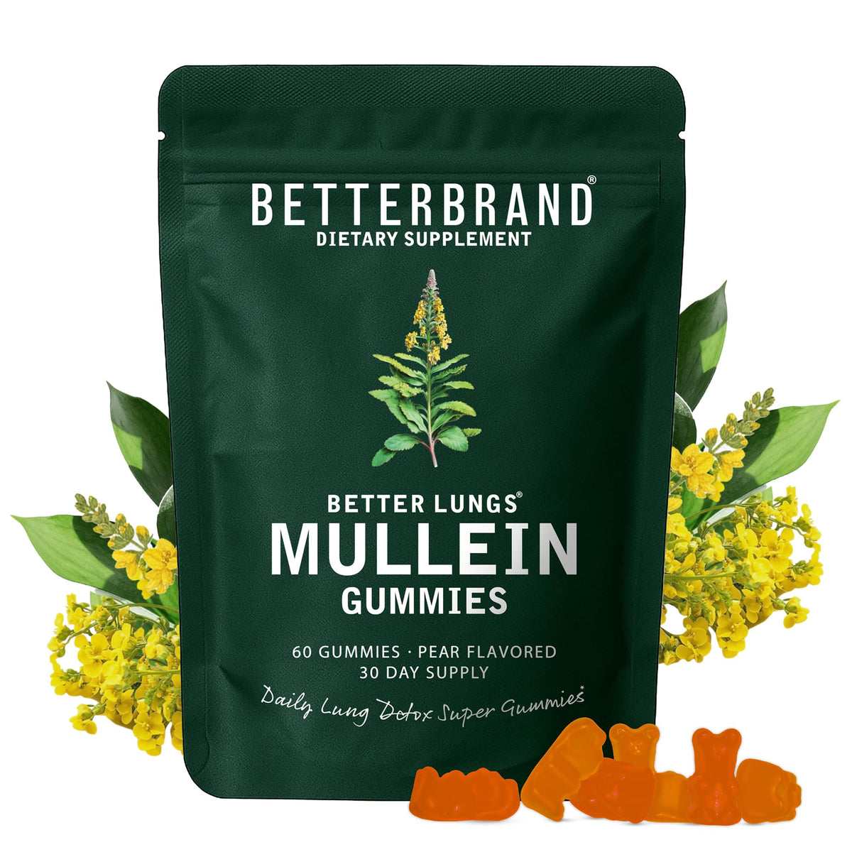 Betterbrand Mullein Chewable Gummies for Lung Cleanse and Detox, Respiratory Health Supplement, 1000mg Mullein Extract per Serving, 60 Gummies - FENGGESTORE20