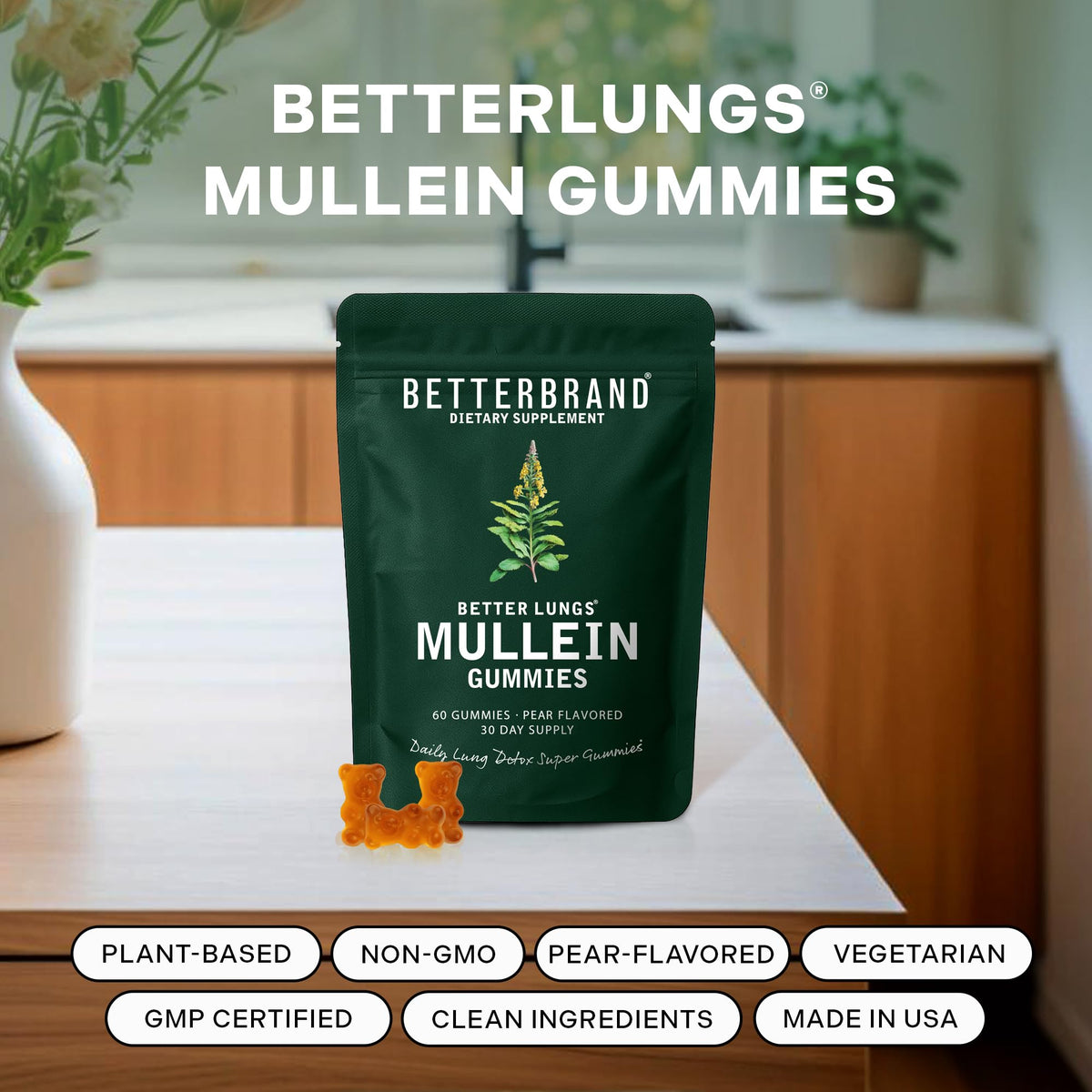 Betterbrand Mullein Chewable Gummies for Lung Cleanse and Detox, Respiratory Health Supplement, 1000mg Mullein Extract per Serving, 60 Gummies - FENGGESTORE20