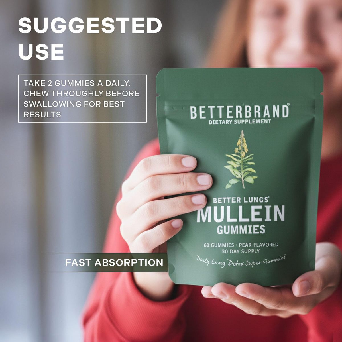Betterbrand Mullein Chewable Gummies for Lung Cleanse and Detox, Respiratory Health Supplement, 1000mg Mullein Extract per Serving, 60 Gummies - FENGGESTORE20