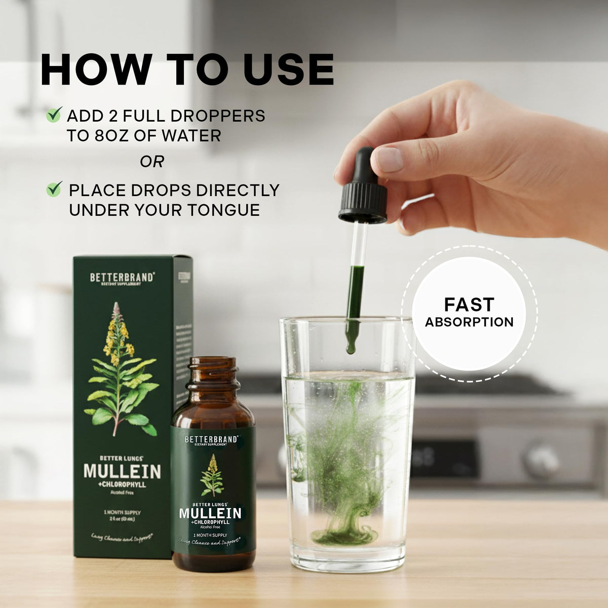Betterbrand Mullein Drops for Lung Detox - Mullein Leaf Tincture with Chlorophyll - Helps Support Respiratory Health - FENGGESTORE20