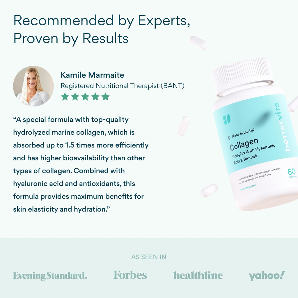 Bettervits Collagen Peptides Complex with Hyaluronic Acid & Turmeric | Hydrolyzed Marine Collagen Supplements for Women & Men | Collagen with Vitamin C - FENGGESTORE20