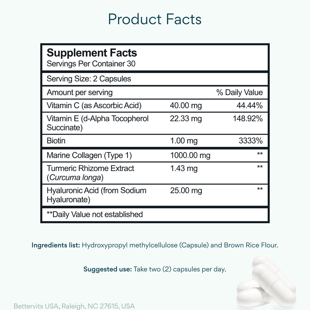 Bettervits Collagen Peptides Complex with Hyaluronic Acid & Turmeric | Hydrolyzed Marine Collagen Supplements for Women & Men | Collagen with Vitamin C - FENGGESTORE20
