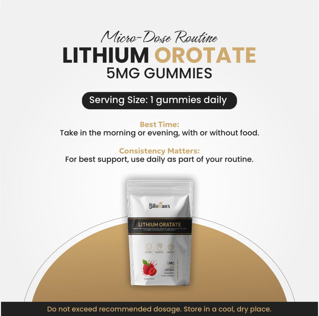 BiloRaux Lithium Orotate 5mg Gummies – Premium Microdose Lithium Supplement for Calm Balance & Focus – Natural Raspberry Flavour – 90 Vegan Gummies - FENGGESTORE20
