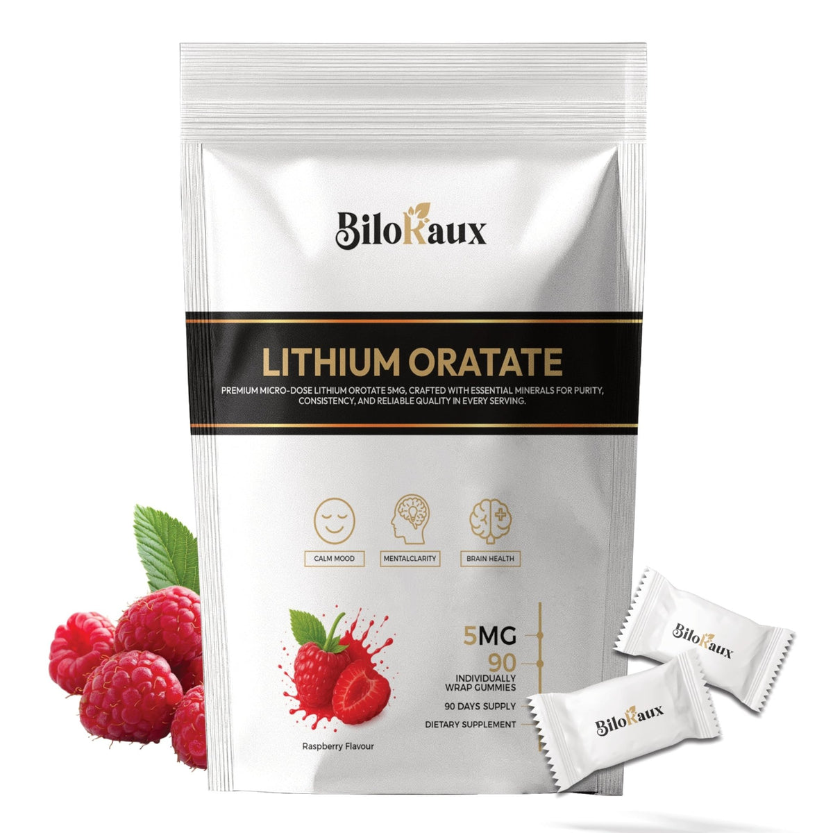 BiloRaux Lithium Orotate 5mg Gummies – Premium Microdose Lithium Supplement for Calm Balance & Focus – Natural Raspberry Flavour – 90 Vegan Gummies - FENGGESTORE20