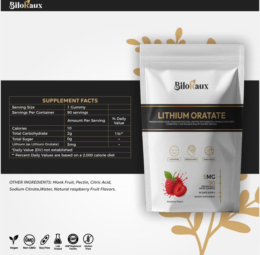 BiloRaux Lithium Orotate 5mg Gummies – Premium Microdose Lithium Supplement for Calm Balance & Focus – Natural Raspberry Flavour – 90 Vegan Gummies - FENGGESTORE20