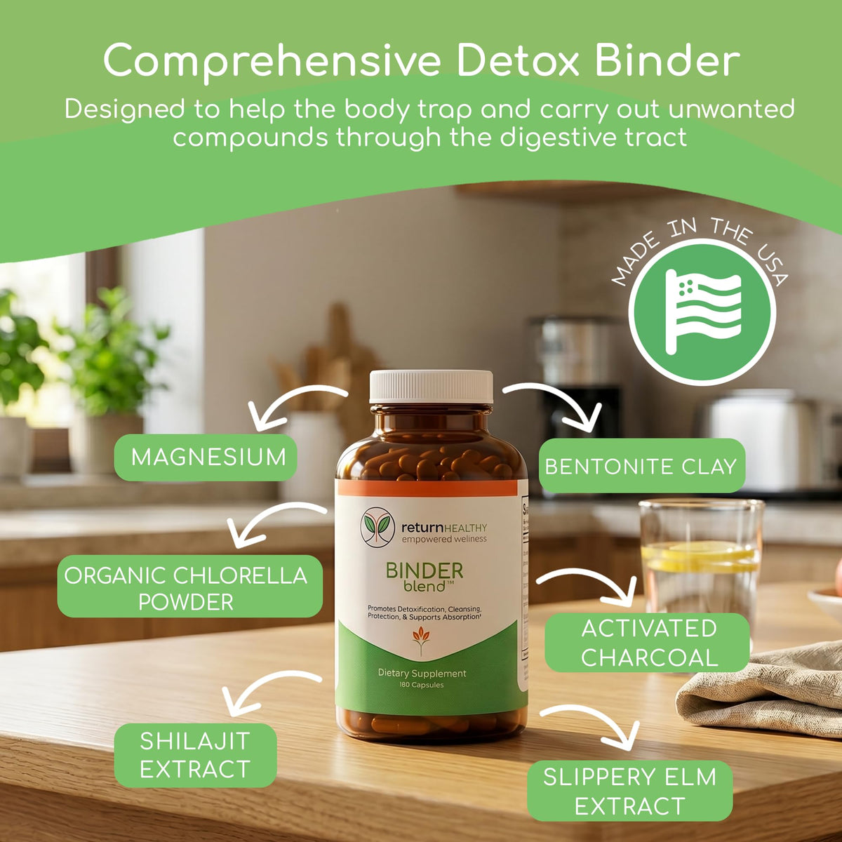 Binder Blend - Toxin Binder Supplement, Detox Capsules for a Healthy Gut - 180 Capsules - 90 Servings - 960mg Activated Charcoal - FENGGESTORE20