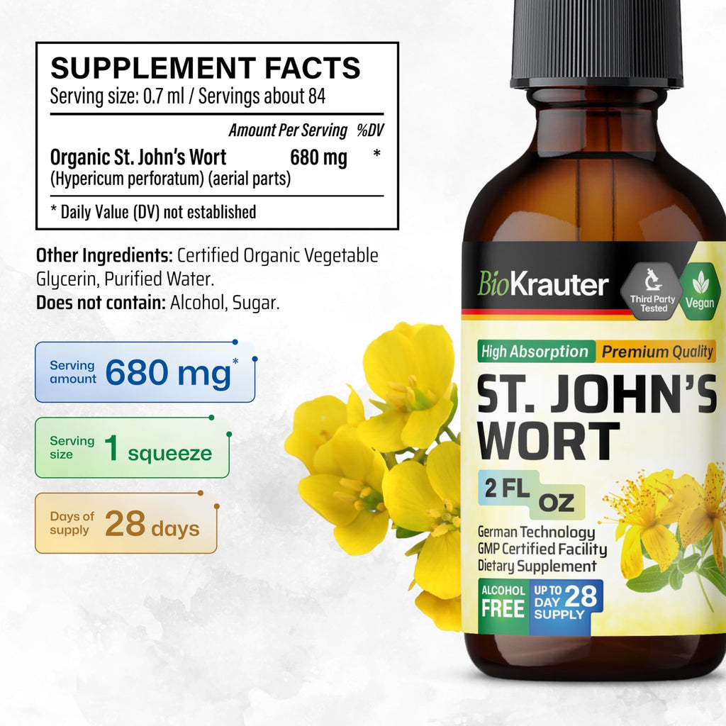 BIO KRAUTER® St Johns Wort for Calm & Mood Support - Vegan St. John's Wort for Relaxation & Emotional Wellness Support - Calm Drops 2 Fl.Oz., 28-Day Supply, Alcohol & Sugar Free Herbal Supplements - FENGGESTORE20