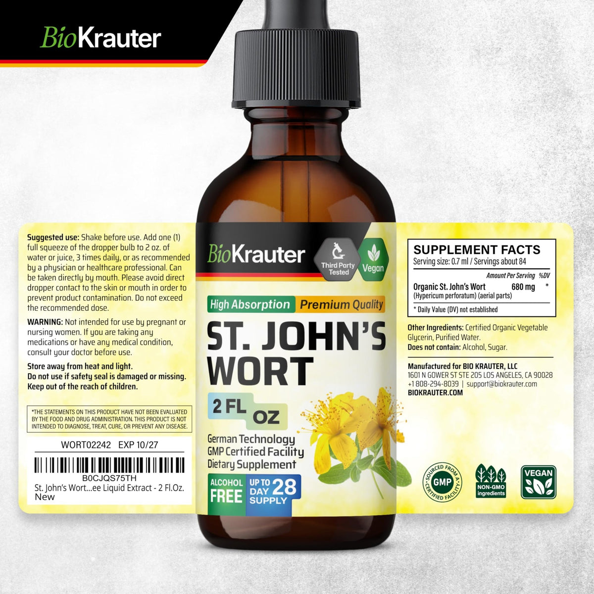BIO KRAUTER® St Johns Wort for Calm & Mood Support - Vegan St. John's Wort for Relaxation & Emotional Wellness Support - Calm Drops 2 Fl.Oz., 28-Day Supply, Alcohol & Sugar Free Herbal Supplements - FENGGESTORE20