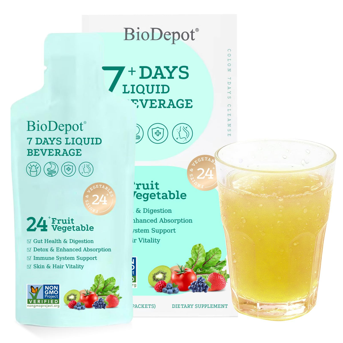 Biodepot 7 Days Colon Cleanse Liquid Beverage Gut Health Detox & Clean for Women & Men, 24 Fruit Vegetable Complex Probiotic Drink for Bowel Movements, - FENGGESTORE20