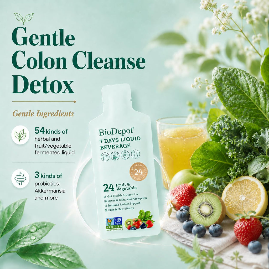 Biodepot 7 Days Colon Cleanse Liquid Beverage Gut Health Detox & Clean for Women & Men, 24 Fruit Vegetable Complex Probiotic Drink for Bowel Movements, - FENGGESTORE20