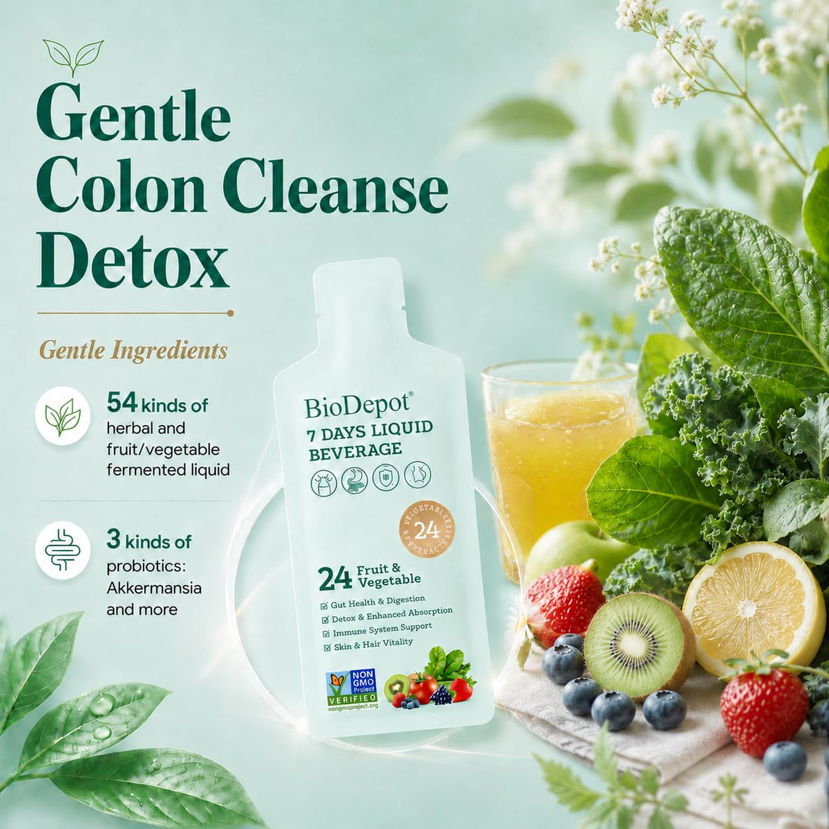 Biodepot 7 Days Colon Cleanse Liquid Beverage Gut Health Detox & Clean for Women & Men, 24 Fruit Vegetable Complex Probiotic Drink for Bowel Movements, - FENGGESTORE20