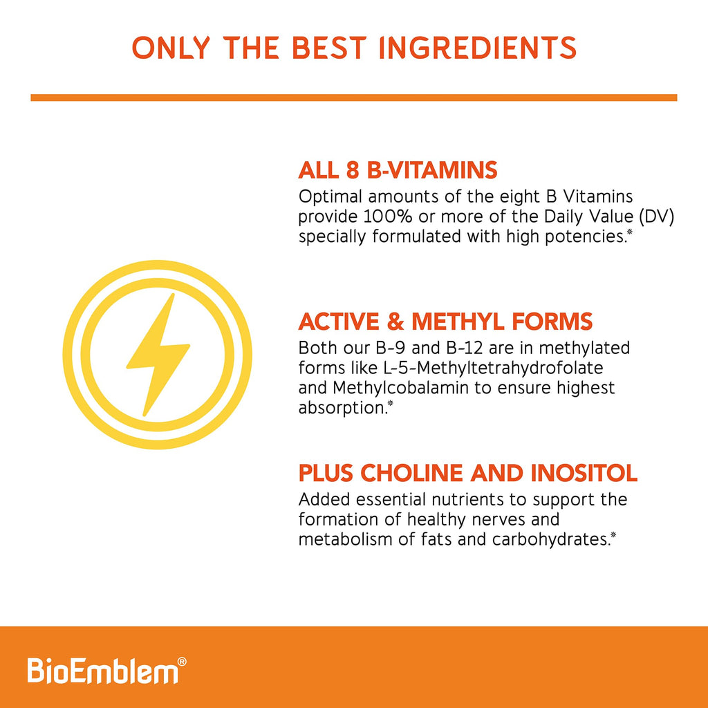 BioEmblem Vitamin B-Complex - All 8 Active Forms with Methyl Folate, Methyl B12, B6, Biotin Plus Choline Inositol, Supports Energy, Metabolism, Brain, Heart Health - FENGGESTORE20