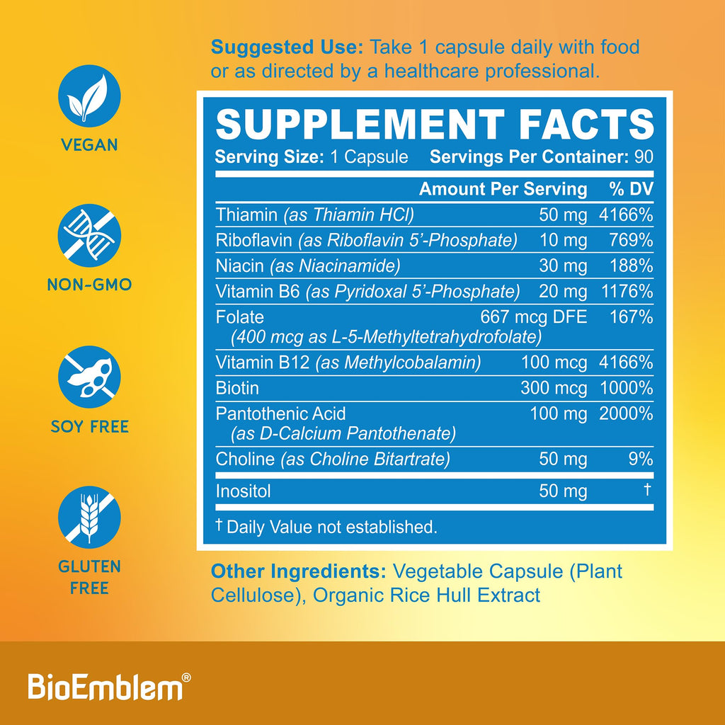 BioEmblem Vitamin B-Complex - All 8 Active Forms with Methyl Folate, Methyl B12, B6, Biotin Plus Choline Inositol, Supports Energy, Metabolism, Brain, Heart Health - FENGGESTORE20