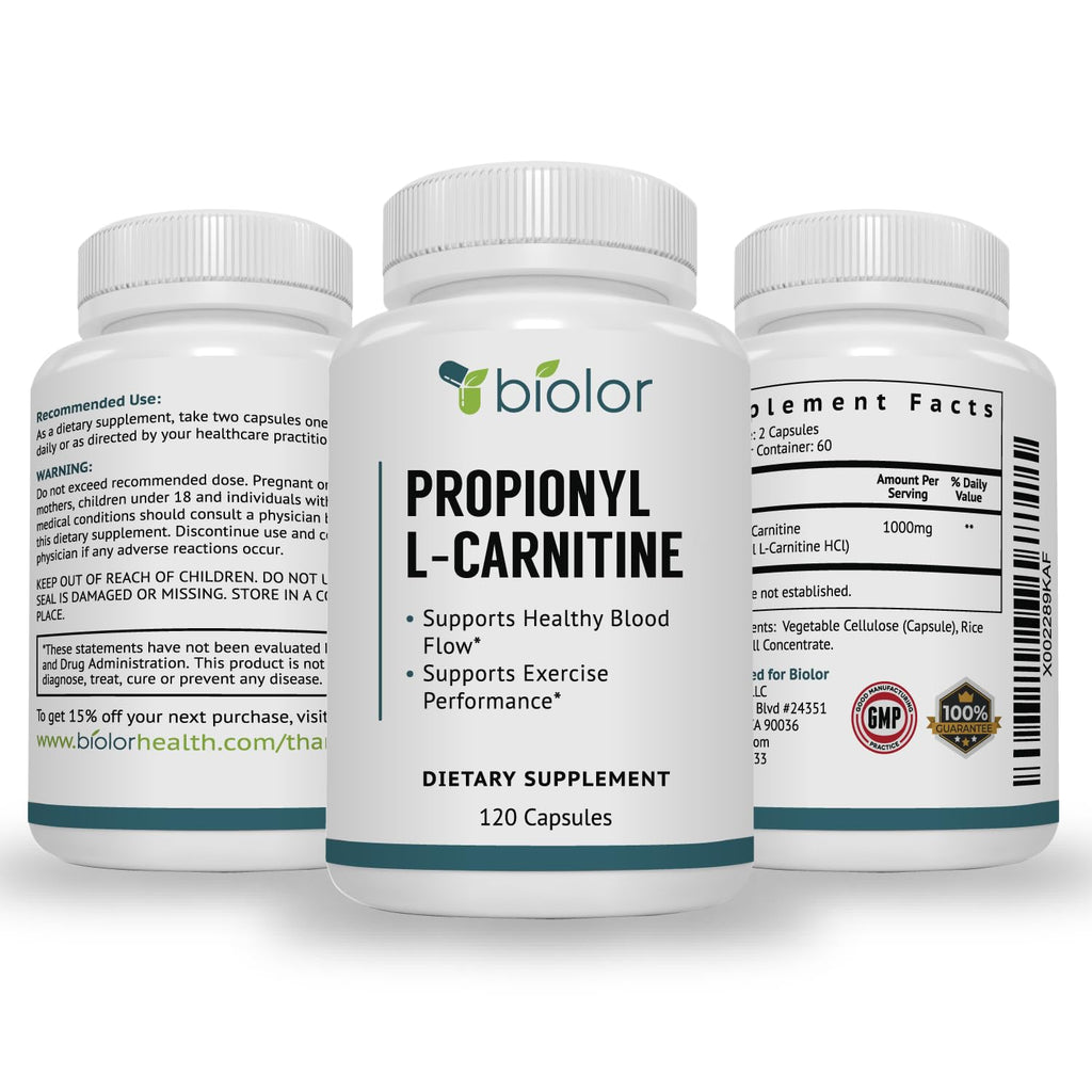 Biolor High Absorption Propionyl-L-Carnitine (PLCAR) No Artificial Fillers - Effective Propionyl L Carnitine HCL Supplement to Support Blood Circulation - 120 Capsules - FENGGESTORE20