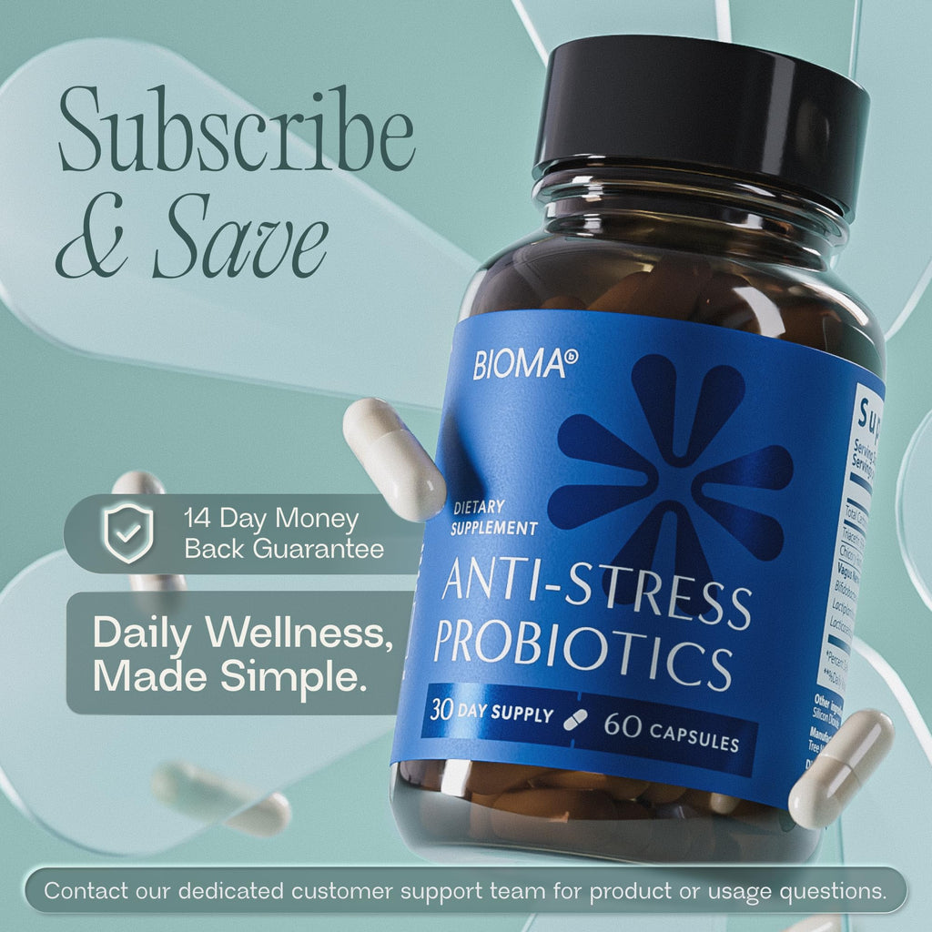 BIOMA Anti-Stress Probiotics – 3-in-1 Gut-Brain Axis Support for Stress Relief & Mood – Prebiotics, Postbiotics & Clinically Studied Strains – Vagus Nerve - FENGGESTORE20