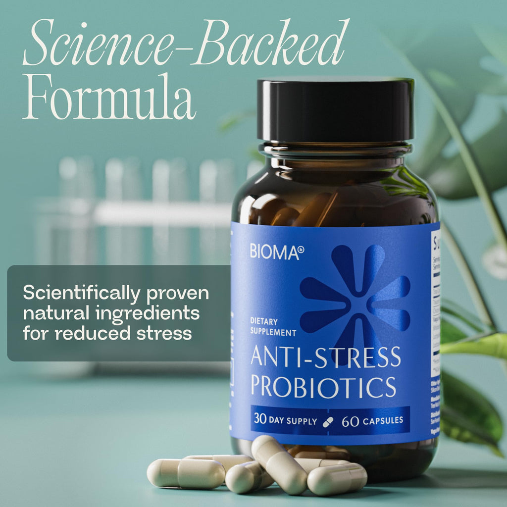 BIOMA Anti-Stress Probiotics – 3-in-1 Gut-Brain Axis Support for Stress Relief & Mood – Prebiotics, Postbiotics & Clinically Studied Strains – Vagus Nerve - FENGGESTORE20