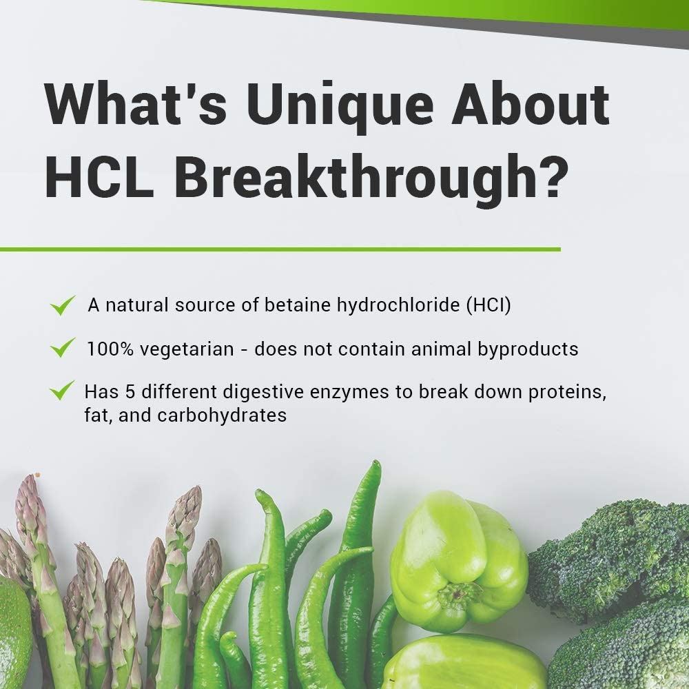 BIOptimizers HCL Breakthrough - Betaine Hydrochloride Enzymes Supplement - Assists with Protein Breakdown and Absorption - Helps Gas and Heartburn Relief - FENGGESTORE20