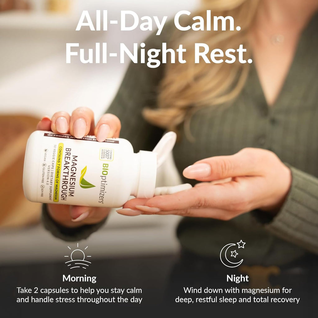 BIOptimizers Magnesium Breakthrough Supplement with 500mg - 7 Forms of Magnesium: Glycinate, Malate, Citrate, and More - Natural Support for Sleep and Cognitive Function -60 Capsules- Calming Vitamins - FENGGESTORE20