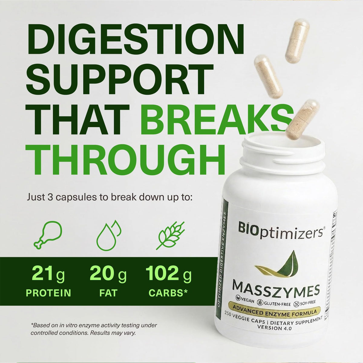 BiOptimizers MassZymes - Complete Digestive Enzymes Supplement for Gut Health - Bloating Relief for Men and Women - Lipase Amylase Bromelain - FENGGESTORE20