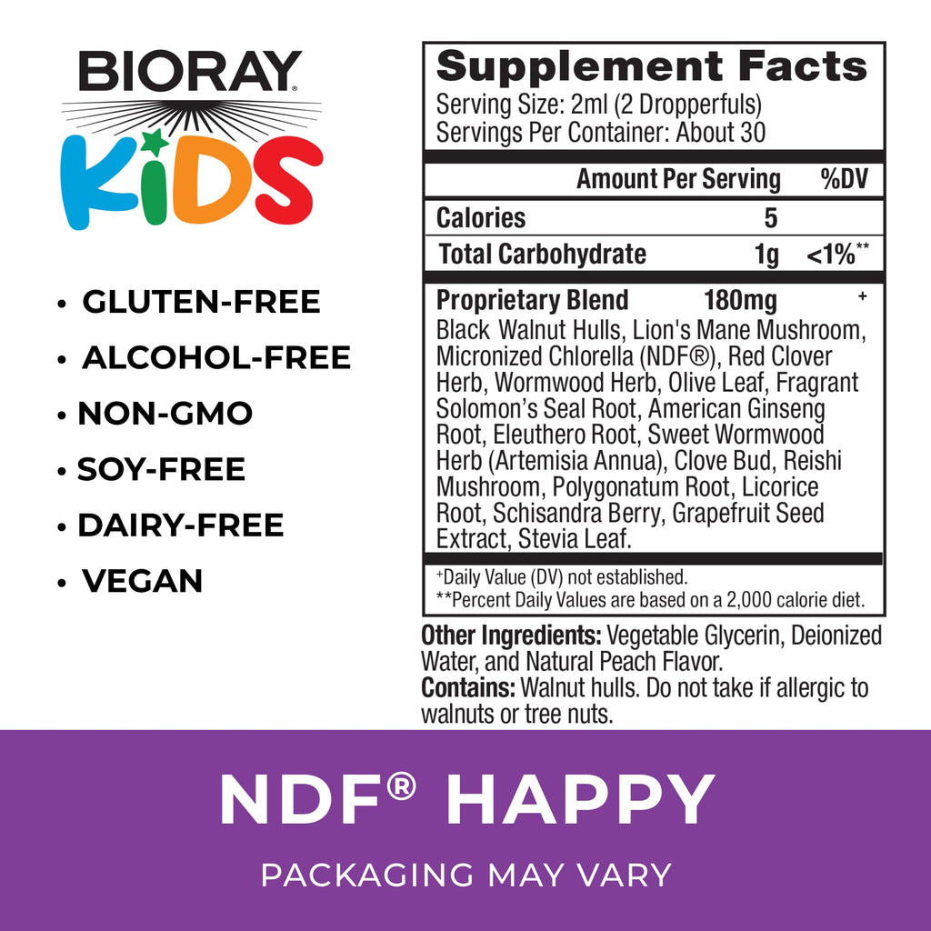 BIORAY Kids NDF Happy, Peach - 2 fl oz - Removes Unwanted Organisms That Can Trigger Irritability - 1-2 Month Supply - FENGGESTORE20