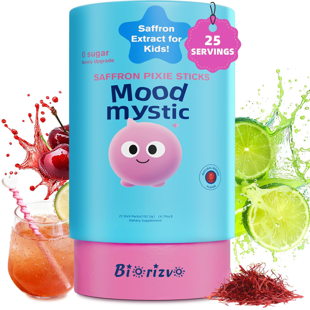 Biorizvo Saffron Drink for Kids - Saffron Exact Drink Mix with GABA, Magnesium & Vitamin D3 - Supports Mood Focus & Sleep, Calms Temper Tantrums, Fruit Punch Drink Sticks Mix for Kids 4+, Sugar-Free - FENGGESTORE20
