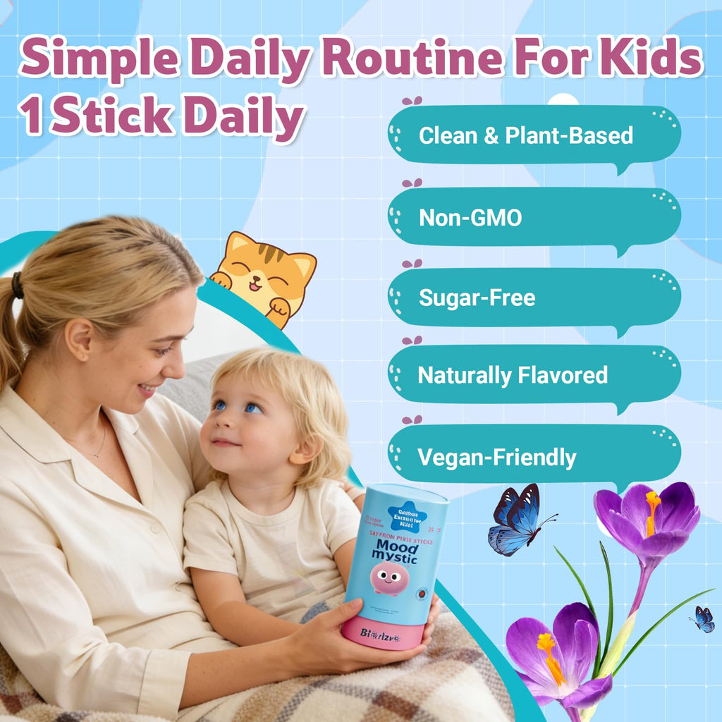Biorizvo Saffron Drink for Kids - Saffron Exact Drink Mix with GABA, Magnesium & Vitamin D3 - Supports Mood Focus & Sleep, Calms Temper Tantrums, Fruit Punch Drink Sticks Mix for Kids 4+, Sugar-Free - FENGGESTORE20