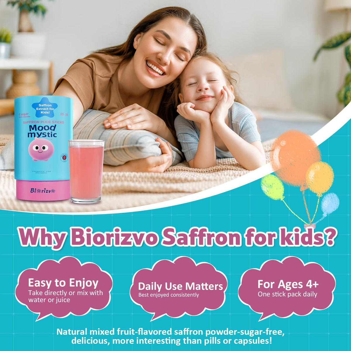 Biorizvo Saffron Drink for Kids - Saffron Exact Drink Mix with GABA, Magnesium & Vitamin D3 - Supports Mood Focus & Sleep, Calms Temper Tantrums, Fruit Punch Drink Sticks Mix for Kids 4+, Sugar-Free - FENGGESTORE20
