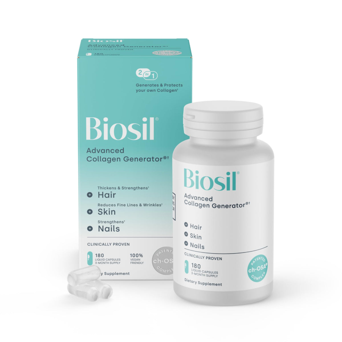 Biosil Collagen Booster Supplement - 180 Vegan Capsules - Patented ch-OSA Activator for Skin, Hair, Nails & Joints - Supports Natural Production - 90-Day Supply - FENGGESTORE20