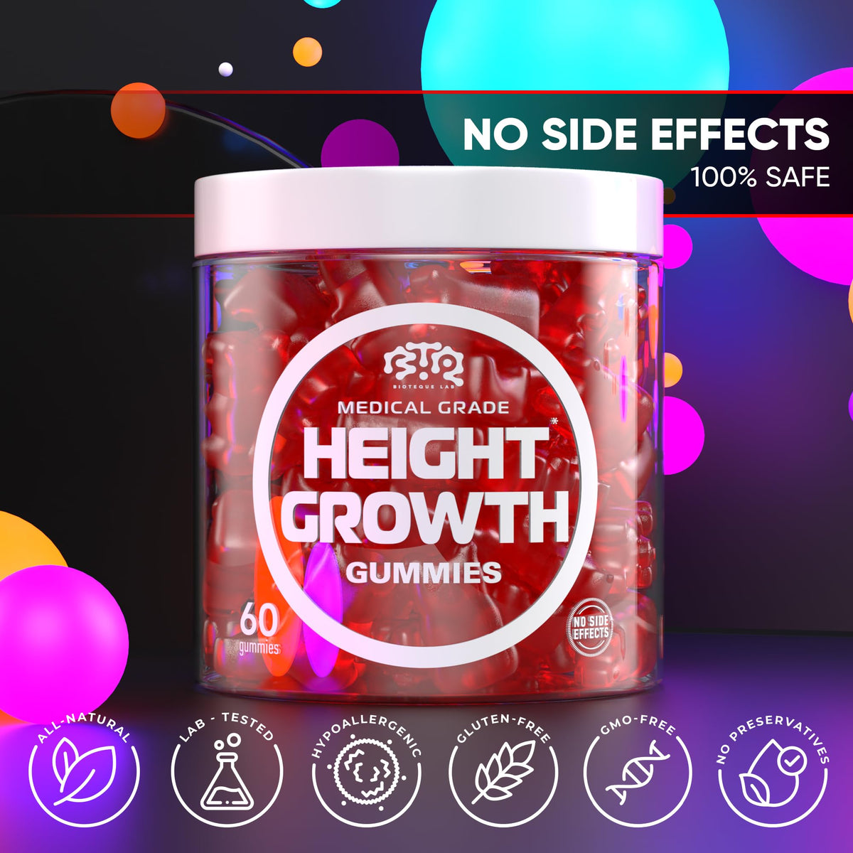 BIOTEQUELAB Height Growth Increase Gummies Vitamins, Grow Tall Supplement, Calcium, Magnesium, Zinc, Ashwagandha, - FENGGESTORE20