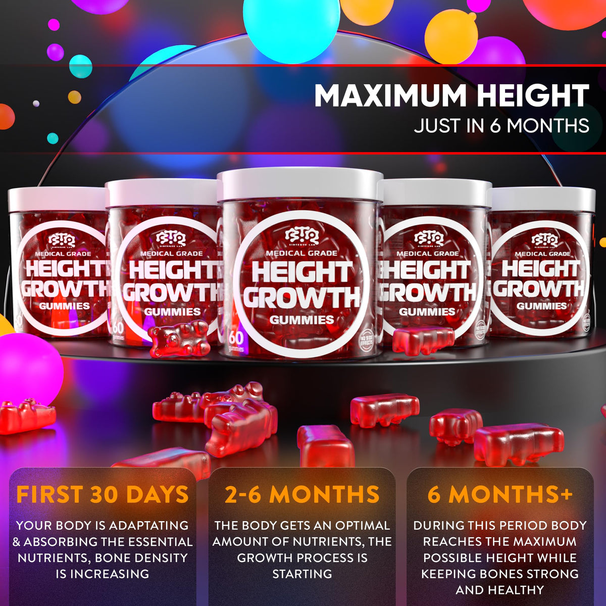 BIOTEQUELAB Height Growth Increase Gummies Vitamins, Grow Tall Supplement, Calcium, Magnesium, Zinc, Ashwagandha, - FENGGESTORE20