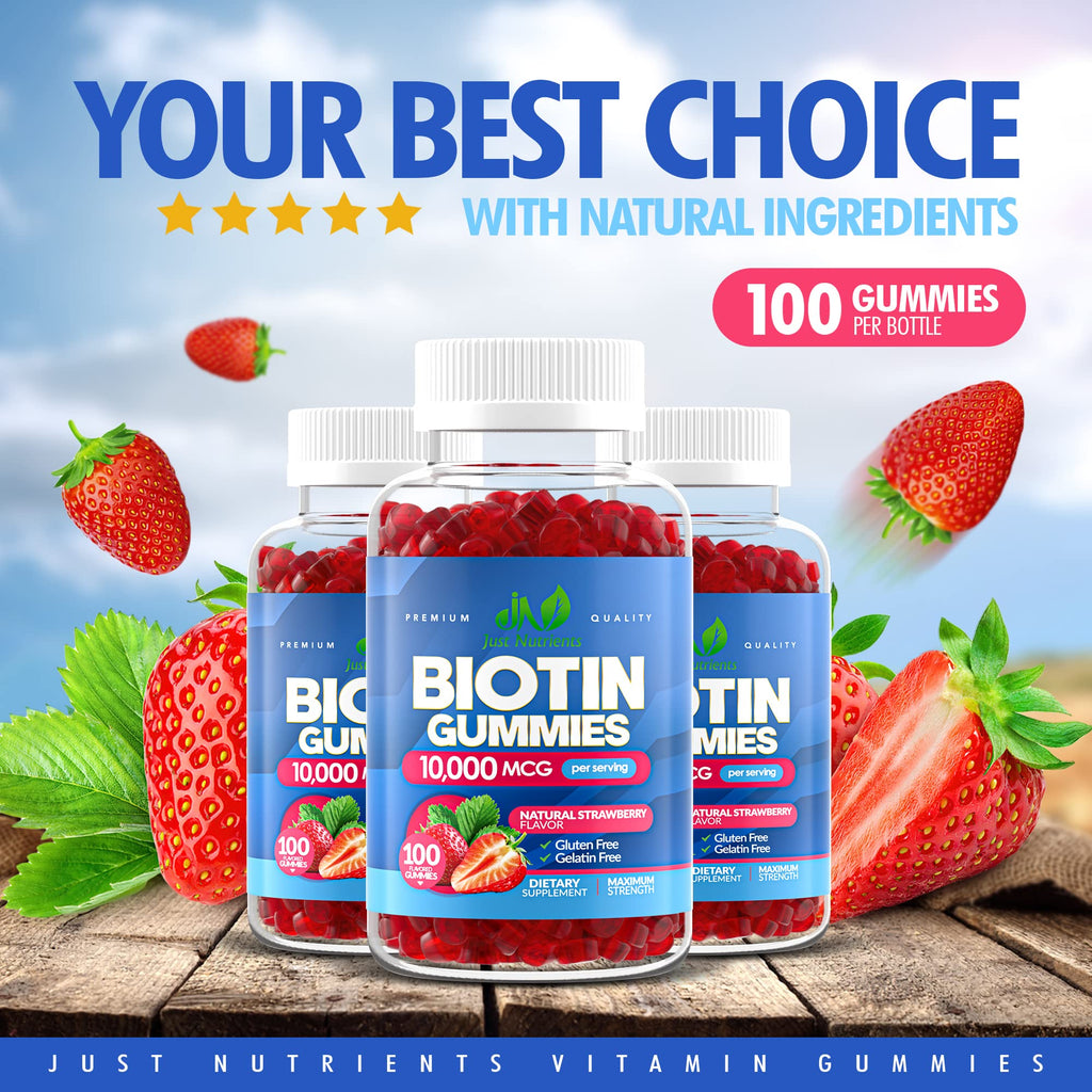 Biotin 10,000mcg Gummies for Hair Growth, Skin & Nails (100 Count) - 2x Maximum Strength Biotin Vitamins for Women & Men - Gluten-Free, Vegan, Non-GMO - FENGGESTORE20