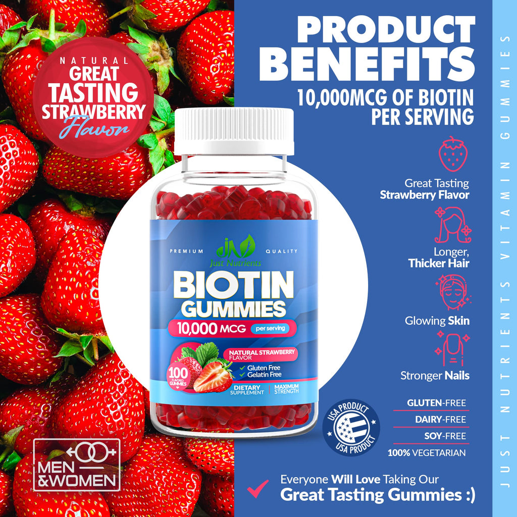 Biotin 10,000mcg Gummies for Hair Growth, Skin & Nails (100 Count) - 2x Maximum Strength Biotin Vitamins for Women & Men - Gluten-Free, Vegan, Non-GMO - FENGGESTORE20