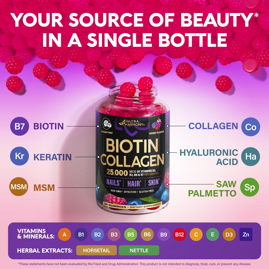 Biotin Gummies with Collagen - Hair Growth Support Skin, & Nail Strength - for Women & Men - Biotin 10000mcg | Keratin | Hyaluronic Acid | B-Complex | Saw Palmetto - FENGGESTORE20