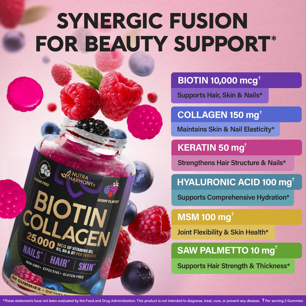 Biotin Gummies with Collagen - Hair Growth Support Skin, & Nail Strength - for Women & Men - Biotin 10000mcg | Keratin | Hyaluronic Acid | B-Complex | Saw Palmetto - FENGGESTORE20