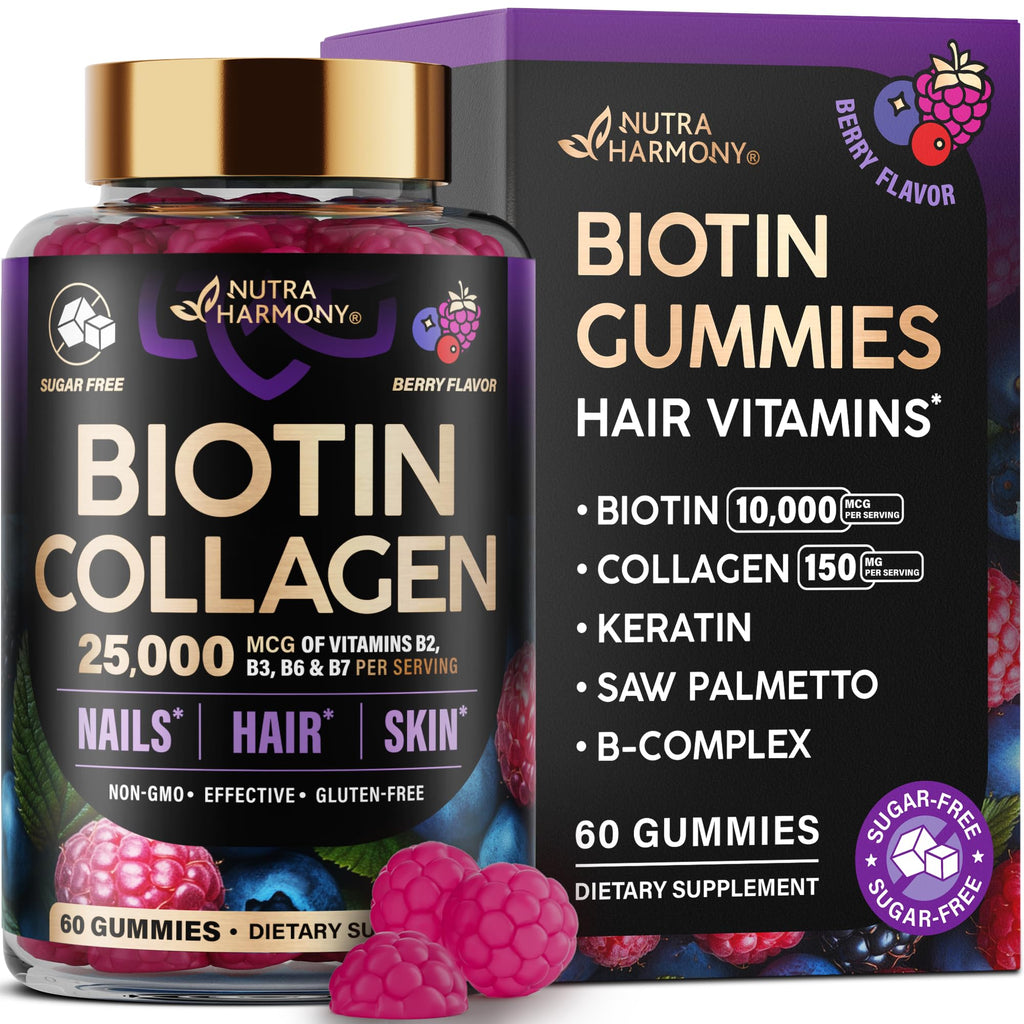 Biotin Gummies with Collagen - Hair Growth Support Skin, & Nail Strength - for Women & Men - Biotin 10000mcg | Keratin | Hyaluronic Acid | B-Complex | Saw Palmetto - FENGGESTORE20